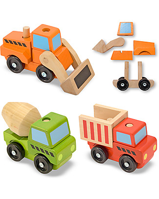 Melissa & Doug Veicoli per la Costruzione - in Legno - 15 Pezzi Macchine e Trenini in Legno