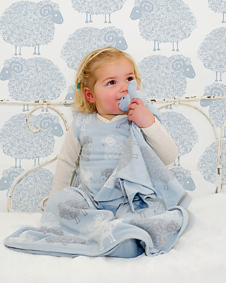 Merino Kids Sacco Nanna Medio, 0-2 anni - 100% Lana Merino Naturale e Cotone Bio - Azzurro/Pecorelle - Go Go Bag Sacchi Nanna Pesanti