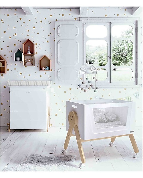 Micuna Culla Basculante Mini Swing in Legno di Faggio, Bianco - Diventa Divano o Scrivania! Culle e Ceste