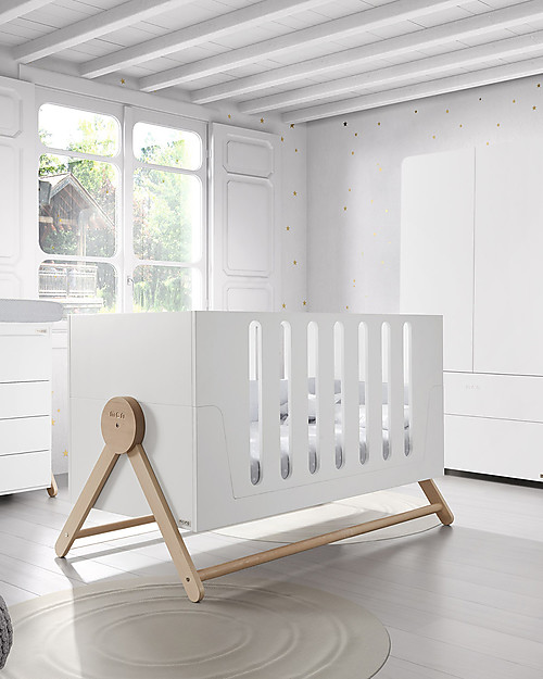 Micuna Lettino Culla Basculante Big Swing in Legno di Faggio, Bianco - Diventa Divano! Lettini con Sbarre