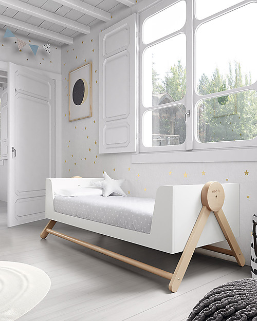 Micuna Lettino Culla Basculante Big Swing in Legno di Faggio, Bianco - Diventa Divano! Lettini con Sbarre