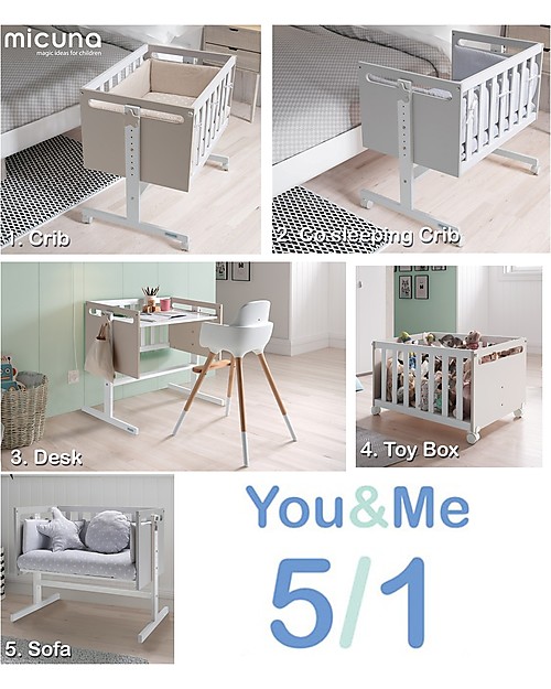 Micuna Mini-Culla e Next to Me You&Me, Grigio - Diventa Scrivania o Divano Culle Next To Me
