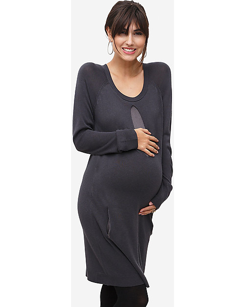 Milker Coco, Abito Premaman e Allattamento in Maglia con Apertura Nascosta, Grigio - Misto Lana Vestiti_