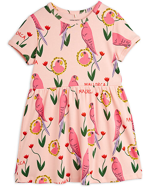 Mini Rodini Abito a Maniche Corte - Stampa Pappagalli - Rosa - 100% Cotone Bio Vestiti_