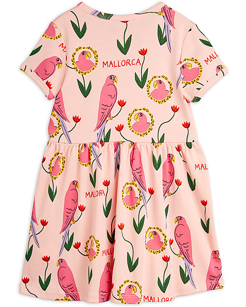 Mini Rodini Abito a Maniche Corte - Stampa Pappagalli - Rosa - 100% Cotone Bio Vestiti_