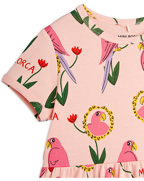 Mini Rodini Abito a Maniche Corte - Stampa Pappagalli - Rosa - 100% Cotone Bio Vestiti_