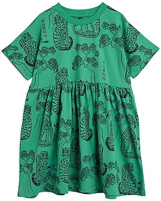 Mini Rodini Abito a Maniche Corte Tigri - Verde - 100% Cotone Bio Vestiti