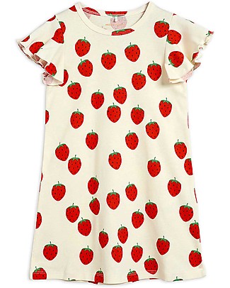 Mini Rodini Abito con Maniche ad Aletta Fragole - Bianco - 100% cotone bio Vestiti