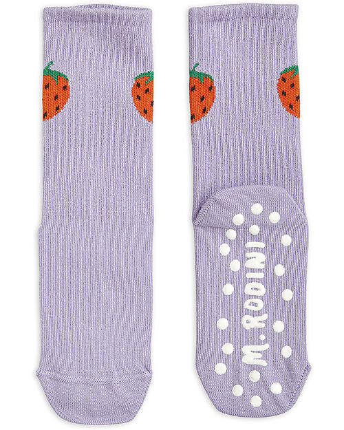 Mini Rodini Calzini Antiscivolo - Fragole - Viola - Cotone Bio GOTS Calzini Antiscivolo