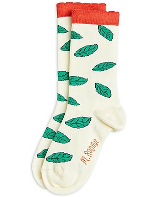 Mini Rodini Calzini Bordo Smerlato - Foglia - Bianco - Cotone Bio Calzini