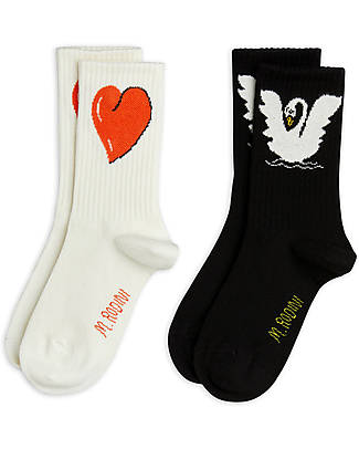 Mini Rodini Calzini Pacco da 2 - Cigno - Bianco/Nero - Cotone Bio Calzini