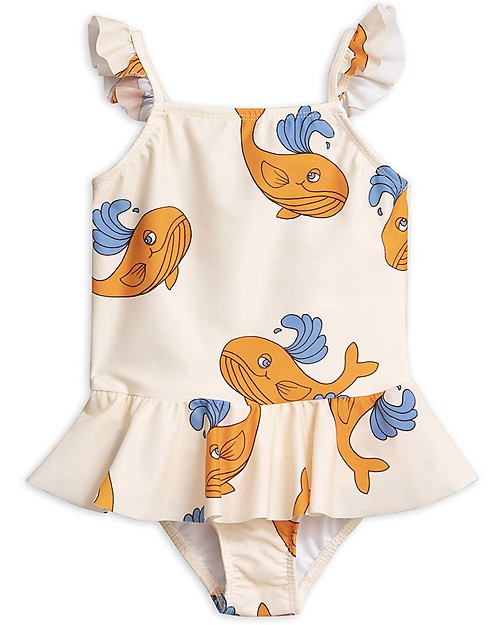 Mini Rodini Costume Intero con Volant a Gonnellina, Balena - Arancione - UV 50+ Costumi Interi