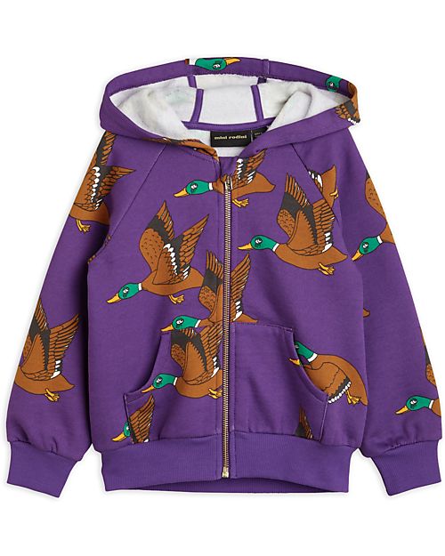 Mini Rodini Felpa - Ducks aop - Viola - con Zip Frontale - 100% Cotone Organico Felpe