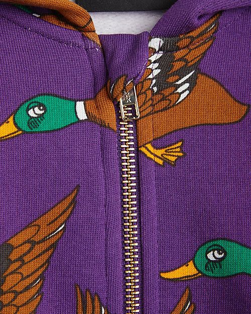 Mini Rodini Felpa - Ducks aop - Viola - con Zip Frontale - 100% Cotone Organico Felpe