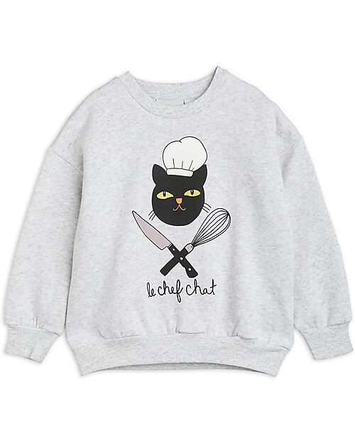 Mini Rodini Felpa Maniche Lunghe - Chef Cat - Grigio Melange - 100% Cotone Bio GOTS Felpe