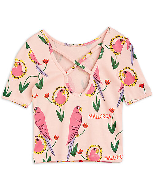 Mini Rodini Maglietta a Maniche Corte - Stampa All Over di Pappagalli - Rosa -  100% Cotone Bio GOTS T-shirt