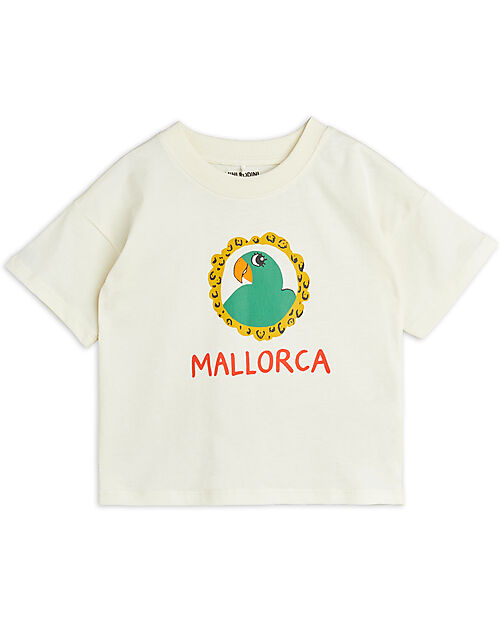 Mini Rodini Maglietta a Maniche Corte - Stampa Pappagallo/Mallorca - Bianca - 100% Cotone Bio GOTS T-shirt