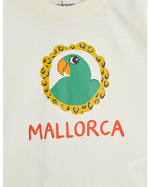Mini Rodini Maglietta a Maniche Corte - Stampa Pappagallo/Mallorca - Bianca - 100% Cotone Bio GOTS T-shirt