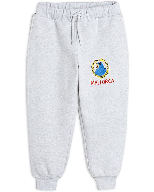Mini Rodini Pantaloni da Tuta - Ricamo Pappagallo - Grigio - 100% Cotone Bio GOTS Pantaloni Lunghi