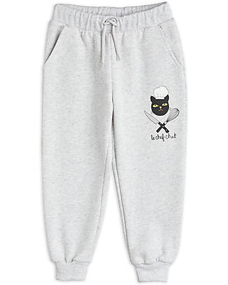 Mini Rodini Pantaloni Tuta - Chef Cat Grigio Melange - 100% Cotone Bio GOTS Pantaloni Lunghi