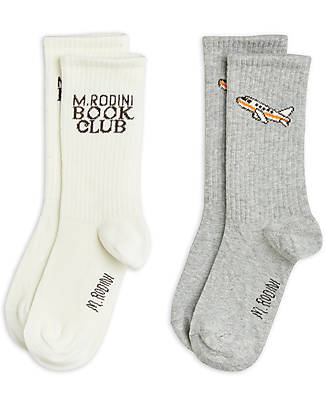 Mini Rodini Set 2 Calzini - Book Club e Airplane - Bianco e Grigio - Cotone Bio GOTS Calzini