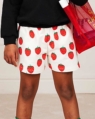 Mini Rodini Shorts in Felpa Fragole - Bianco - 100% Cotone bio Pantaloni Corti