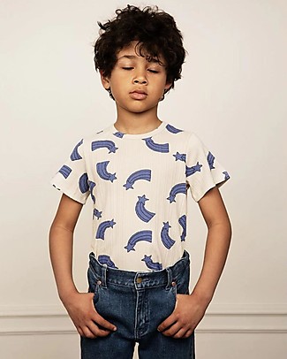 Mini Rodini T-Shirt a Maniche Corte a Coste - Stelle Cadenti - Panna/Blu - Cotone Bio T-shirt