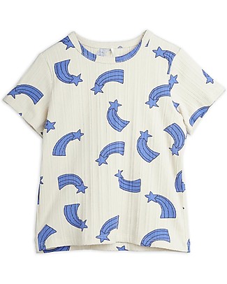 Mini Rodini T-Shirt a Maniche Corte a Coste - Stelle Cadenti - Panna/Blu - Cotone Bio T-shirt