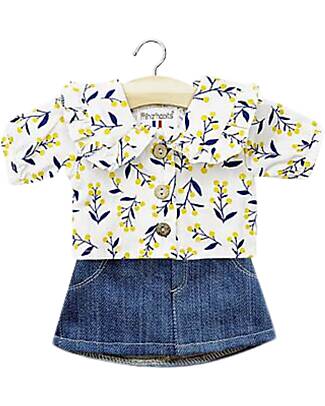 Minikane Completo Camicetta Karina Mimosa e Gonna Denim - Cotone Oeko-Tex - per Bambola Minikane 34 e 37cm Accessori Bambole