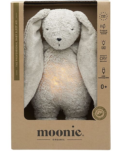 Moonie Coniglietto con Lucina da Notte e Rumori Rosa - Grigio - Certificato GOTS e Oeko-Tex Peluche