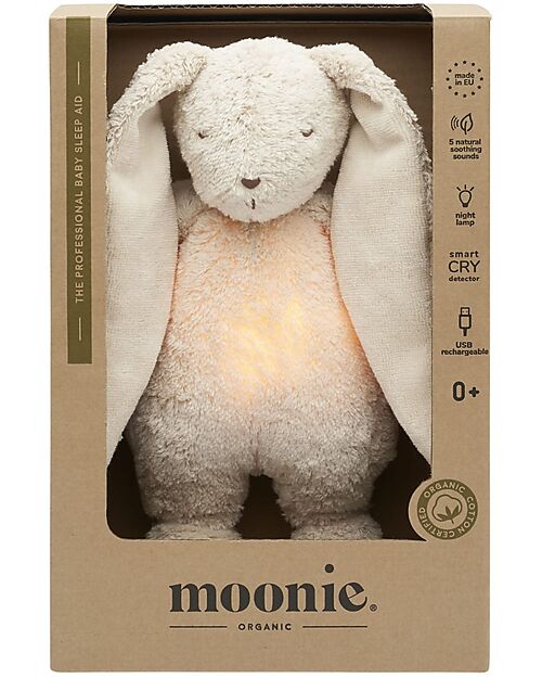 Moonie Coniglietto con Lucina da Notte e Rumori Rosa - Sabbia - Certificato GOTS e Oeko-Tex Peluche