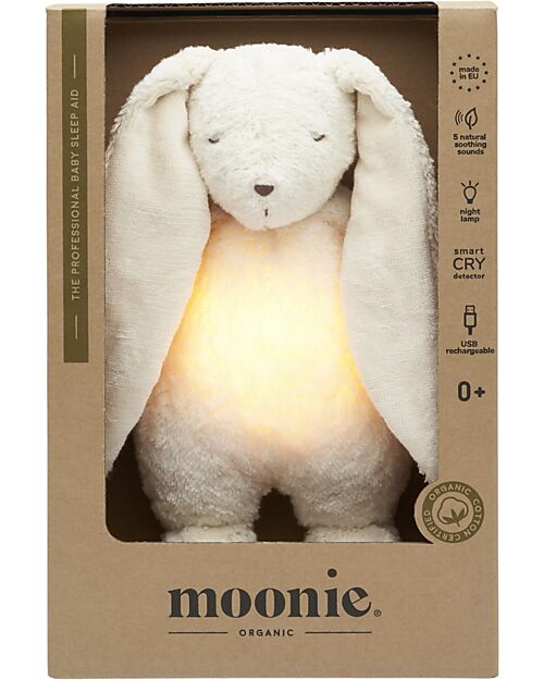 Moonie Peluche Coniglietto 2.0 con Suoni Naturali, Musica Classica e Luce Regolabile - Bianco Polare - Certificato GOTS e Oeko-Tex Lampade da Notte