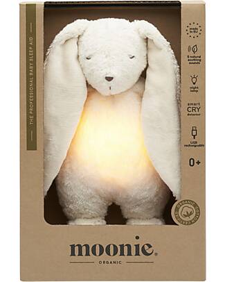 Moonie Peluche Coniglietto 2.0 con Suoni Naturali, Musica Classica e Luce Regolabile - Bianco Polare - Certificato GOTS e Oeko-Tex Lampade da Notte