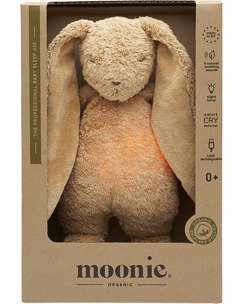 Moonie Peluche Coniglietto 2.0 con Suoni Naturali, Musica Classica e Luce Regolabile - Cappuccino - Certificato GOTS e Oeko-Tex Lampade da Notte