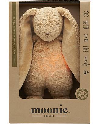 Moonie Peluche Coniglietto 2.0 con Suoni Naturali, Musica Classica e Luce Regolabile - Cappuccino - Certificato GOTS e Oeko-Tex Lampade da Notte