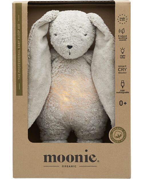 Moonie Peluche Coniglietto 2.0 con Suoni Naturali, Musica Classica e Luce Regolabile - Grigio - Certificato GOTS e Oeko-Tex Lampade da Notte