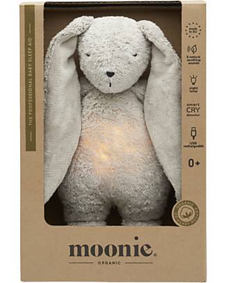 Moonie Peluche Coniglietto 2.0 con Suoni Naturali, Musica Classica e Luce Regolabile - Grigio - Certificato GOTS e Oeko-Tex Lampade da Notte