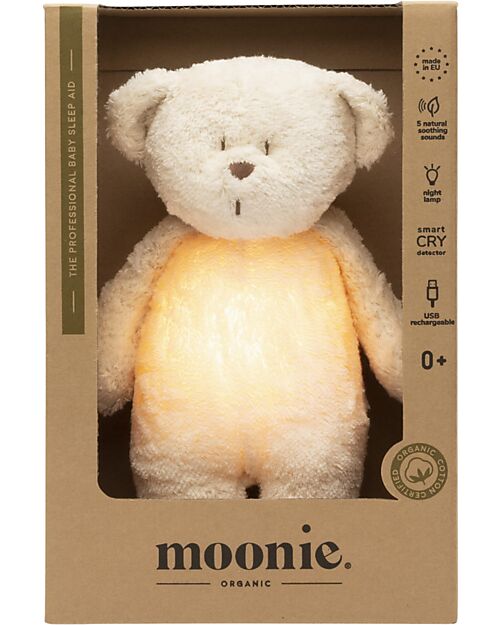 Moonie Peluche Orsetto 2.0 con Suoni Naturali, Musica Classica e Luce Regolabile - Bianco Polare - Certificato GOTS e Oeko-Tex Lampade da Notte