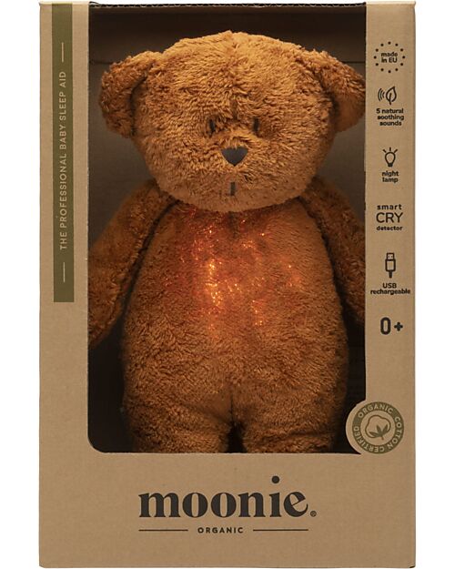 Moonie Peluche Orsetto 2.0 con Suoni Naturali, Musica Classica e Luce Regolabile - Caramello - Certificato GOTS e Oeko-Tex Lampade da Notte