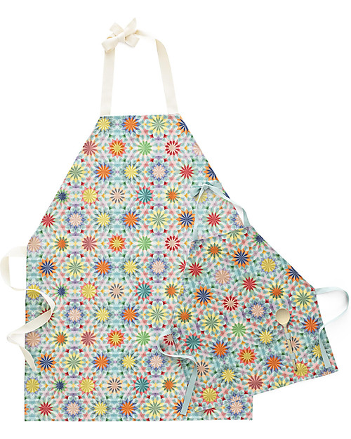 Motomo Set Regalo Grembiule Mamma e Bimbo "Caleidoscopio", Acquamarina - Cotone bio e legno naturale Accessori Cucina
