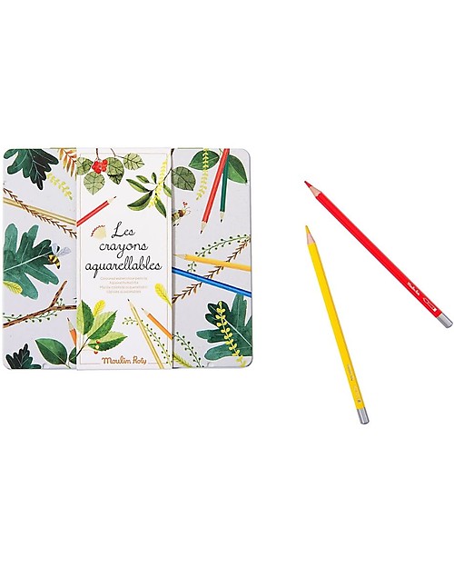 Moulin Roty Box in Metallo con 24 Matite Acquerellabili - di tutti i Colori! Disegnare e Colorare