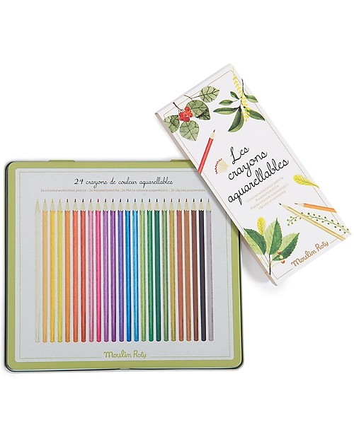 Moulin Roty Box in Metallo con 24 Matite Acquerellabili - di tutti i Colori! Disegnare e Colorare