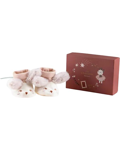 Moulin Roty Pantofole in Morbida Pelliccia - Topo - Panna - 0-6 Mesi Pantofole