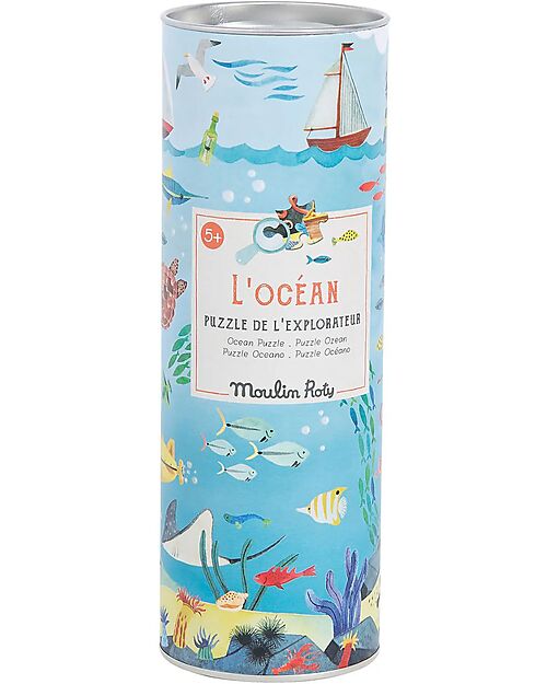 Moulin Roty Puzzle in Barattolo di Latta - 96 pezzi - Tema Oceano - con Lente d'Ingrandimento Puzzle