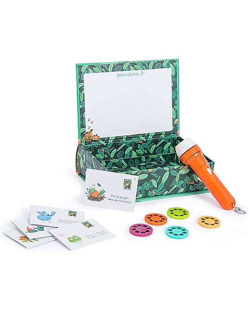Moulin Roty Torcia Proietta Storie con Libro - Dans la Jungle - Comprende 5 inviti! Giochi per Inventare Storie