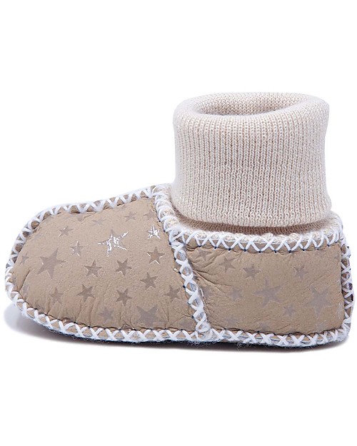 Mr.Tiggle Babbucce Baby Slippersocks - Stelline beige - 100% vello di pecora Calzini Antiscivolo