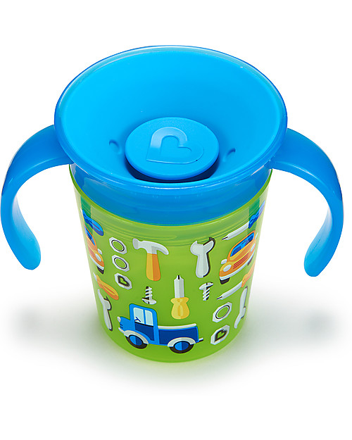 Munchkin Tazza Antigoccia "Impara a Bere"  Miracle® 360°, 180 ml - Veicoli Verde e Blu, con manici Tazze