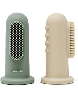 Mushie Set 2 Spazzolini da Dito - 100% Silicone Alimentare - Cambridge Blue e Sabbia Dentifricio e Spazzolini