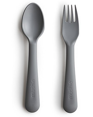Mushie Set Forchetta & Cucchiaio - Lavabile in Lavastoviglie - 15,5 x 2,5 cm - Smoke Posate e Bacchette