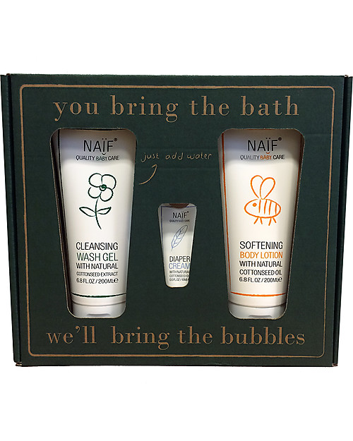 NAIF Baby Care You bring the water, we’ll bring the bubbles! Set Regalo (Gel da Bagno 200ML, Crema Idratante 200ML + Crema per il Cambio mini) - Senza SLS/SLES, Parabeni, Oli Minerali o PEG Bagno Doccia Shampoo